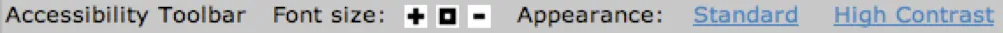 Barra con la scritta Accessibility Toolbar, pulsanti per aumentare, ripristinare o ridurre la dimensione del testo e i link Standard e High Contrast
