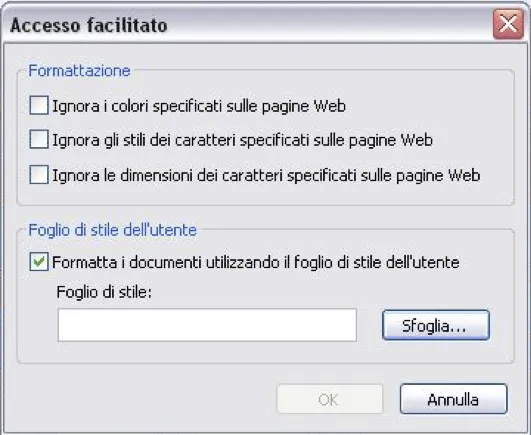 Finestra Accesso facilitato di Internet Explorer con le opzioni per ignorare colori, stili e dimensioni dei caratteri e l'opzione, spuntata, per formattare i documenti con il foglio di stile dell'utente