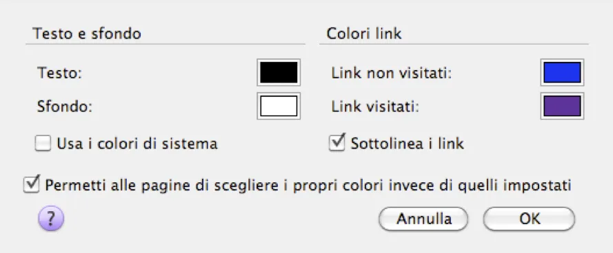 Finestra Colori di Firefox con le impostazioni per testo, sfondo, link visitati e non visitati, l'opzione Sottolinea i link e l'opzione Permetti alle pagine di scegliere i propri colori