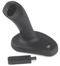 Mouse verticale nero a forma di impugnatura su base ovale, con il ricevitore USB senza fili