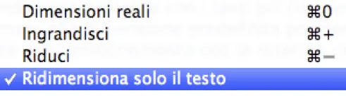 Menu di Safari con le voci Dimensioni reali, Ingrandisci, Riduci e, spuntata, Ridimensiona solo il testo
