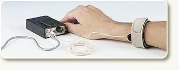 Sensore fissato al polso con una fascia e collegato con un filo a una piccola unità di controllo