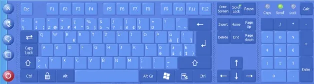 Schermata di una tastiera virtuale completa, con tasti azzurri, tastierino numerico e frecce direzionali