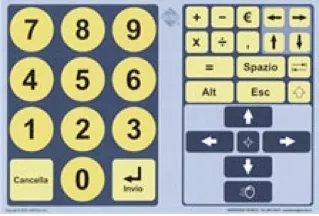 Scheda con grandi tasti numerici gialli da 0 a 9 e tasti per le operazioni aritmetiche