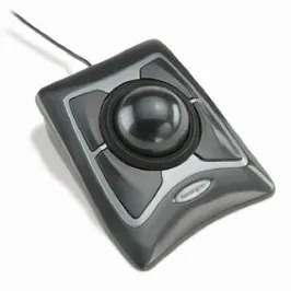 Trackball nera e grigia con una grande sfera al centro e pulsanti intorno
